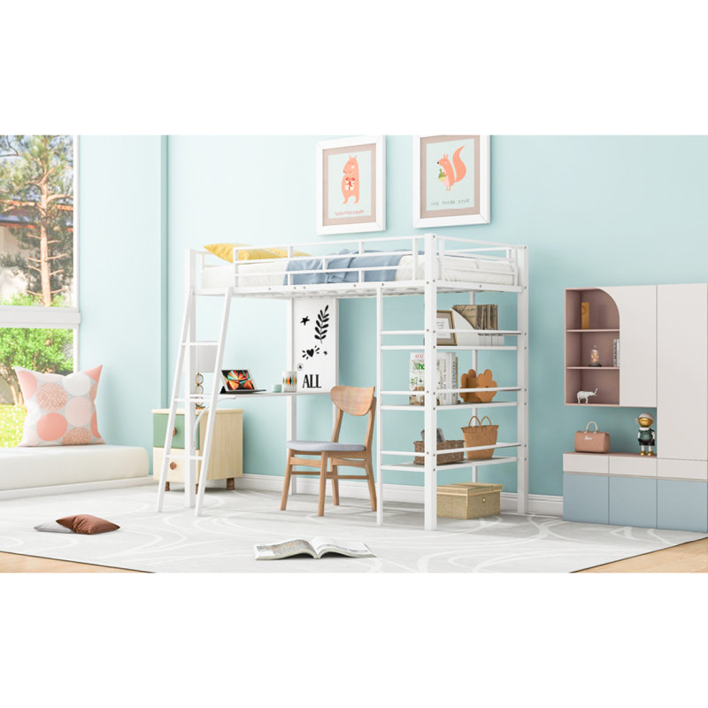 Lit mezzanine simple en métal avec 3 couches de tablettes et de bureau, lit élégant en métal avec tableau blanc, Blanc
