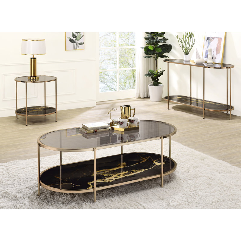 Chic Black Marble Print Coffee Table With Metal Support And Functionality Display Element