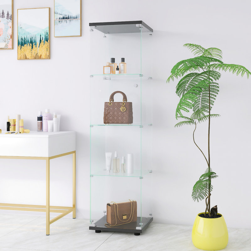 Vitrine à 4 tablettes en verre noir avec porte, 64,7 po x 16,7 po x 14,3 po, pour exposer du matériel de camping et un appartement