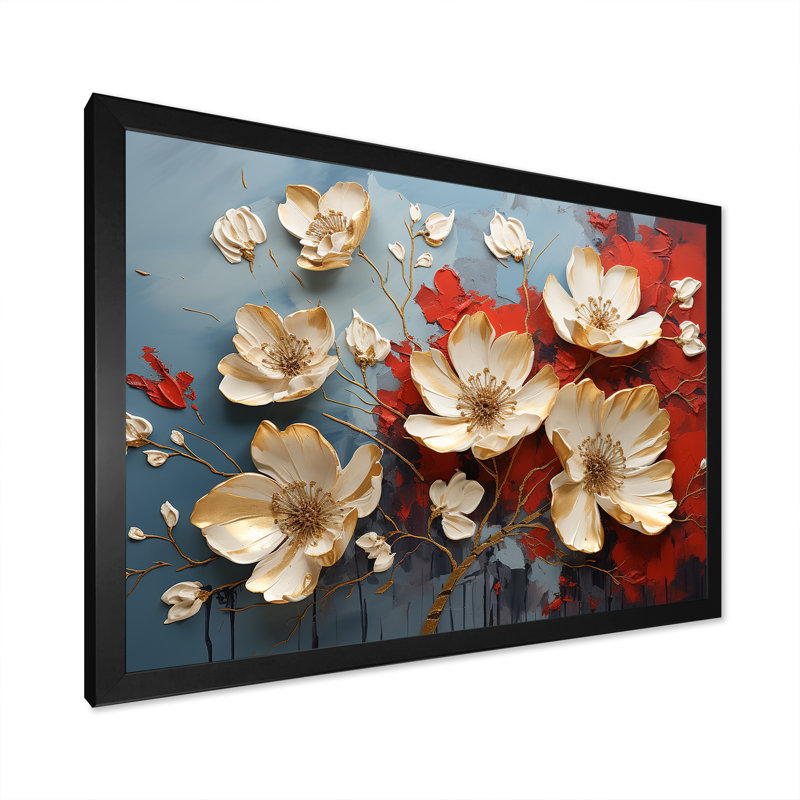 Or et pétales de tournesol beauté - Art mural floral abstrait, Cadre d'angle fermé noir, H 12 po x l 20 po x P 1 po