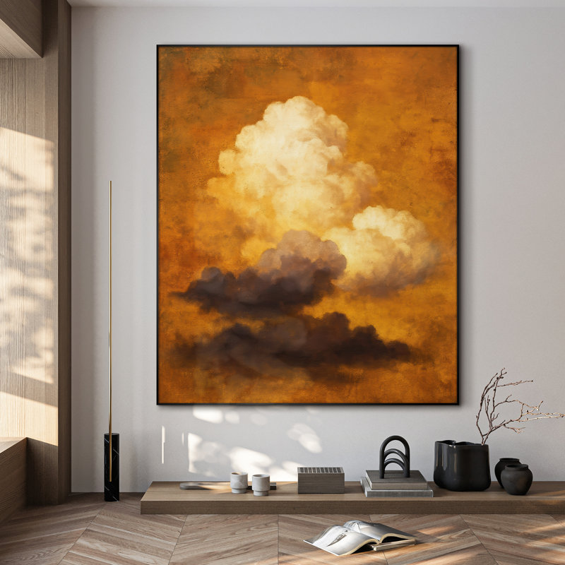 Très grand art mural imprimé sur toile - Nuage abstrait, motif de ciel tonique orange terre, œuvre d'art contemporaine pour le salon ou la chambre à coucher - «Assemblage requis du cadre (cadre non fini)»