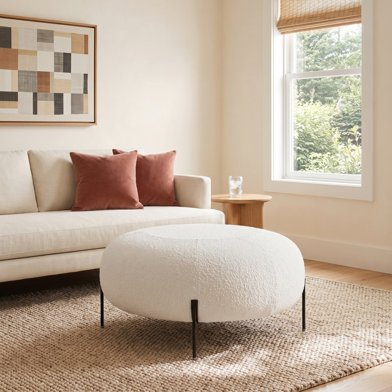 Lieze Upholstered Ottoman, Ivory Boucle, Black