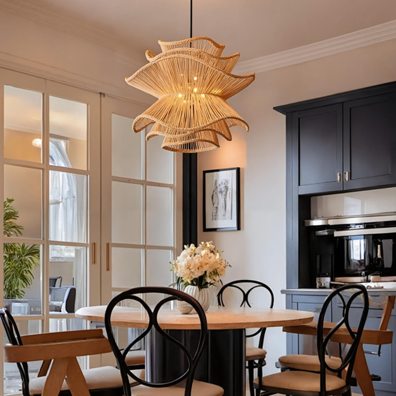 Luminaire suspendu 1 lumière rotin fleur brune, H 19,68 po x l 19,68 po x P 19,68 po