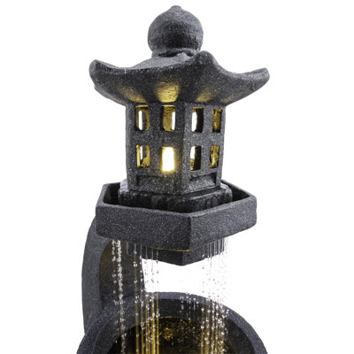 Zen Pagoda Outdoor Water Fountain, 31" with LED Lights and Stone Bowl, Gray