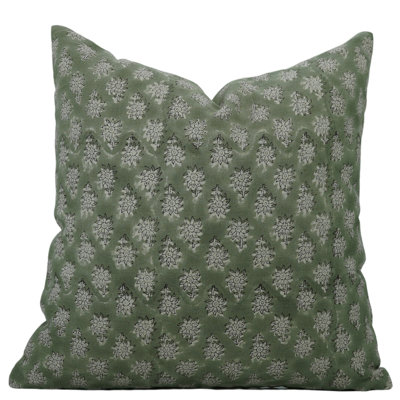 Housse de coussin fait à la main à imprimé bloc, housse de coussin bohémien en lin 14 x 14 pouces, couleur verte, coussin décoratif Jasmeen
