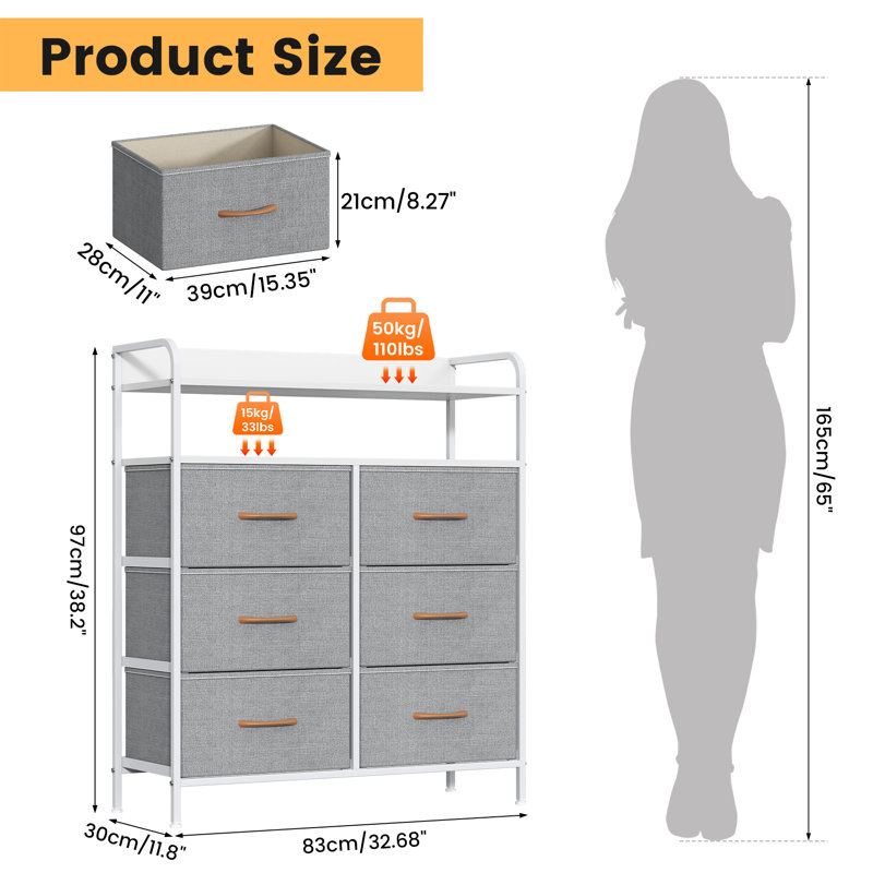 Metal 30cm W 6 - Drawer Chest of Drawers, Light Gray