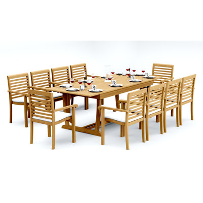 11 Pcs Grade-A Teak Wood Dining Set: 94" Double Extension Mas Rectangle Trestle Leg  Table And 10 Hari Stacking Arm Chairs #11HR2110