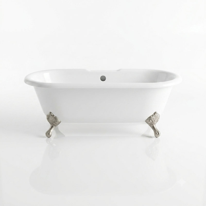 The Arcadia 66-Inch Double Ended Clawfoot Acrylic Soaking Tub without Faucet Holes Strom Living, Matte Nickel, No Holes