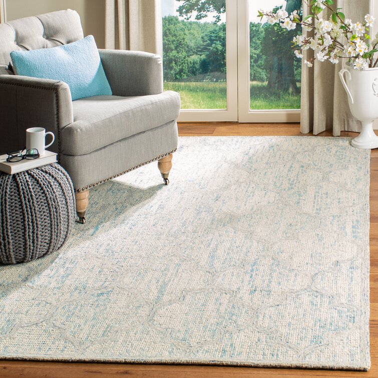 Swanner Geometric Handmade Tufted Wool Ivory/Light Blue Area Rug