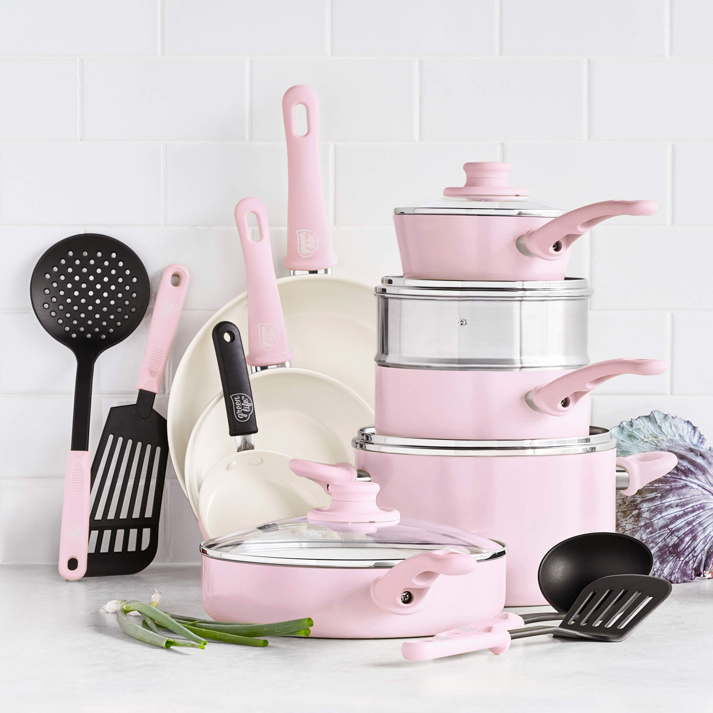 Healthy Non-Toxic Nonstick Cookware Sets - Soft Grip 23-Piece Cookware Set in Pink - by GreenLife