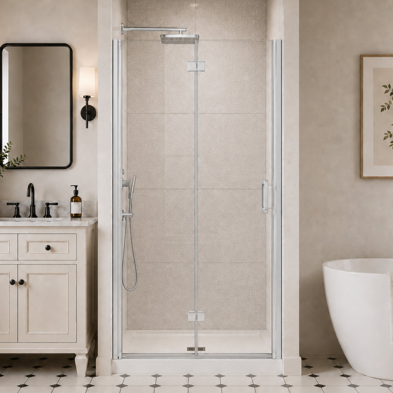 LEROKA Semi-Frameless Bifold Pivot Shower Door with 6mm (1/4 in.) Tempered Glass, 72" H x 33" W, Brushed Chrome