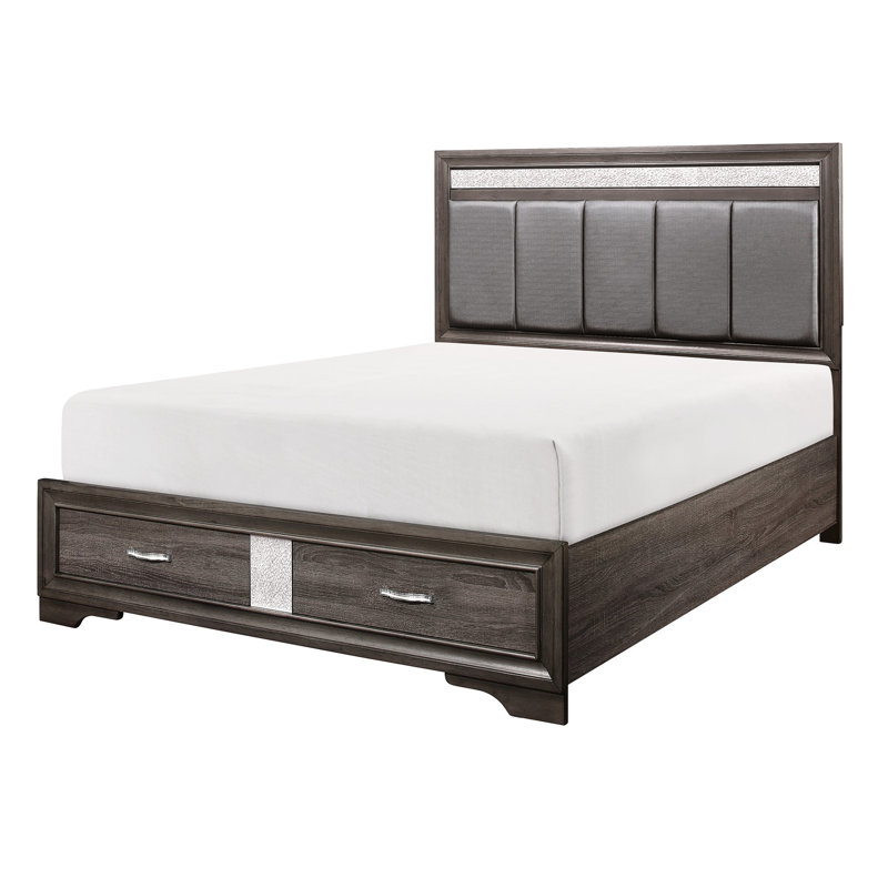 Grand lit plateforme contemporain gris avec détails à paillettes argentées, tête de lit tapissier en similicuir et revêtement de chambre à coucher à tiroirs, tête de lit