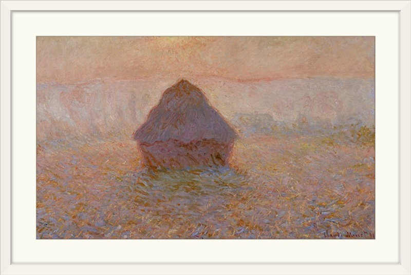 «Grainstack, Sun in the Mist, 1891» par Claude Monet - reproduction d'art, H 23 po x l 32 po x P 1 po, Cadre blanc