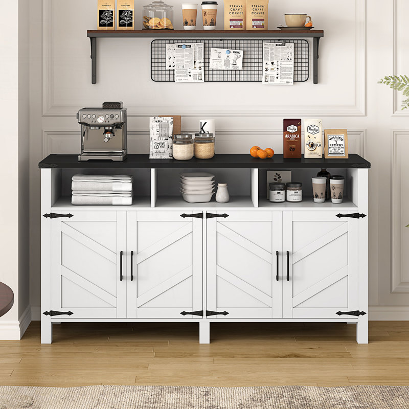Modern 4-Door Sideboard Buffet With Power Outlets & USB Ports, Accent Cabinet, White/Black