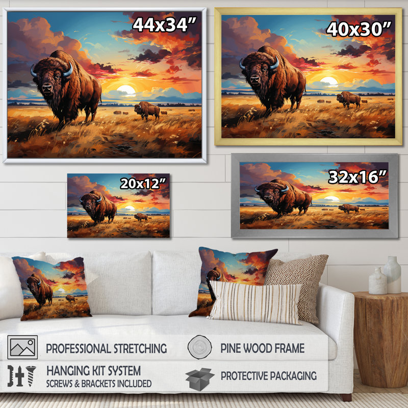 Art amérindien Bison Prairies III - impression, Toile tendue, H 24 po x l 32 po x P 1 po