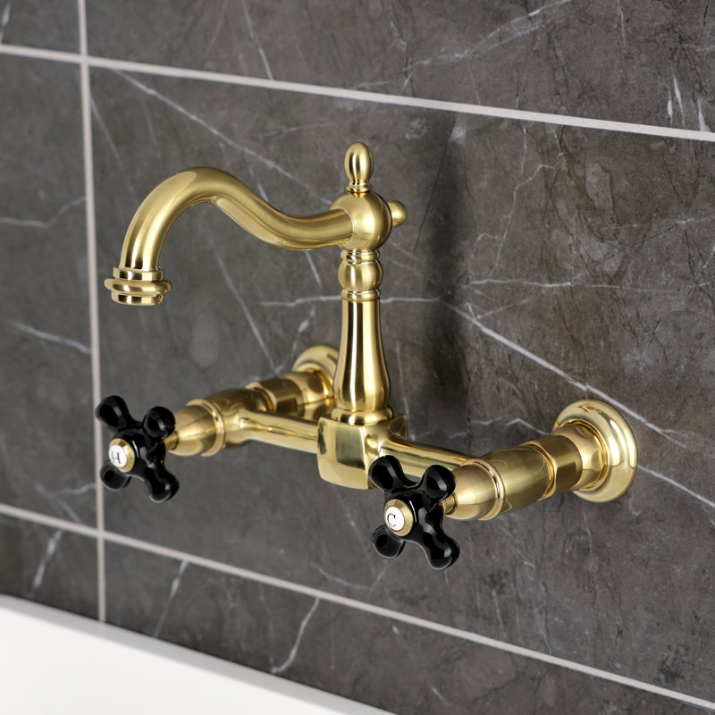 Kingston Brass Duchess Double-Handle 2-Hole Wall-Mount Bridge Kitchen Faucet, Brushed Brass