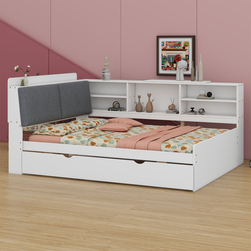 Platform Bed With Trundle, Shelves And Storage Headboard, White, Full