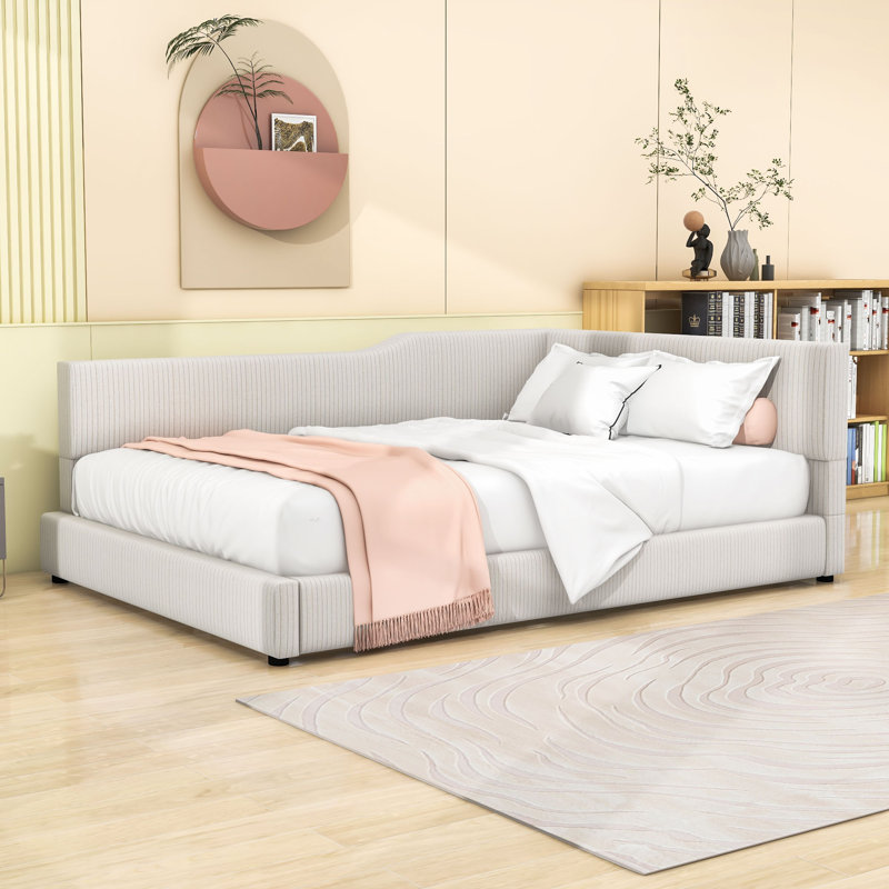 Lit de jour rembourré en bois et velours côtelé, Beige, Lit double