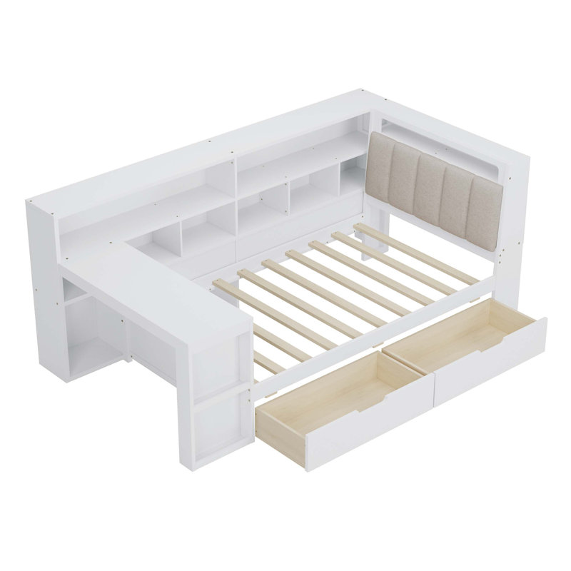 L-shaped Wooden Daybed with Desk, Storage Bookcase and LED Light, Ideal for Bedroom, Living Room, Dorm and Home Office, Twin