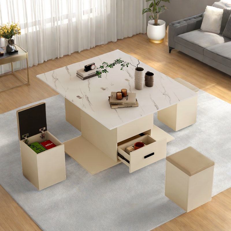 Modern Lift-up Folding Coffee Table With 4 Stools, 2 Drawers And Hidden Storage Space 