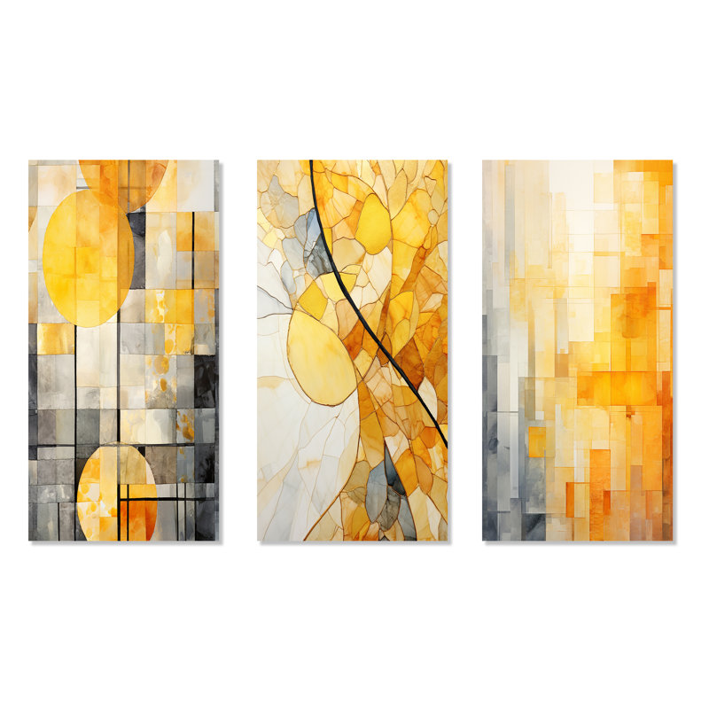 Ensemble de 3 panneaux muraux jaunes à la lumière du soleil - Collages abstraits sur toile, Toile tendue, H 28 po x l 36 po