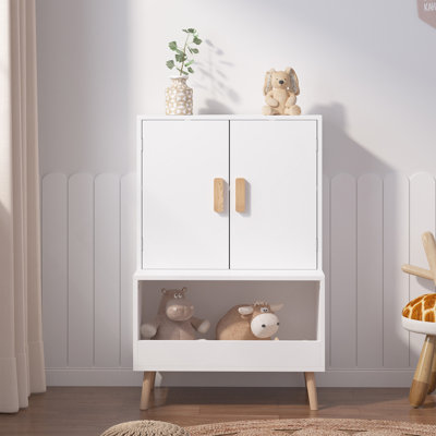 Kids Toy Storage Cabinet With Doors And Open Shelf, White Modern Wooden Organizer With Natural Wood Legs, Toddler Bookshelf For Playroom, Nursery, Bed