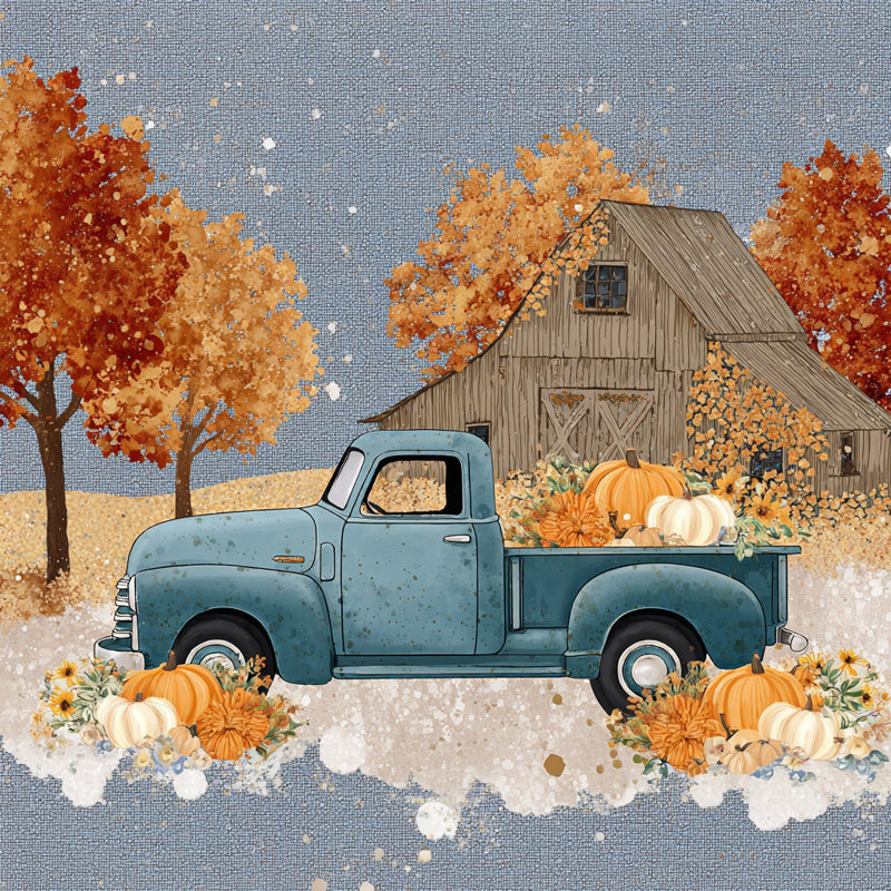 Automne, grange avec camion bleu, toile tendue, H 12 po x l 12 po