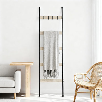 Farmhouse Blanket Ladder With Removable Hooks, 5-Tier Decorative Storage Stand For Living Room, Bathroom & Bedroom Organization