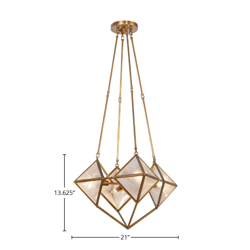 Vintage Brass Geometric 4-Light Chandelier with Ribbed Glass