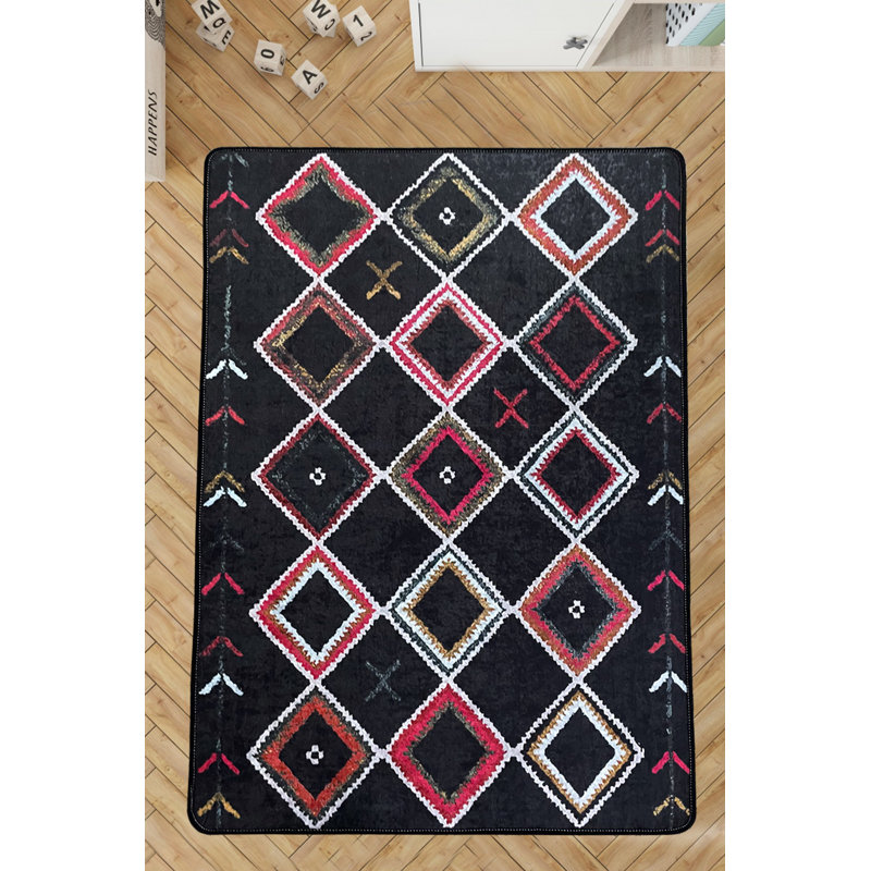 Tapis géométrique tissé à la machine rectangulaire noir et rose Bowery, Rectangle 6 pi 7 po x 9 pi 6 po