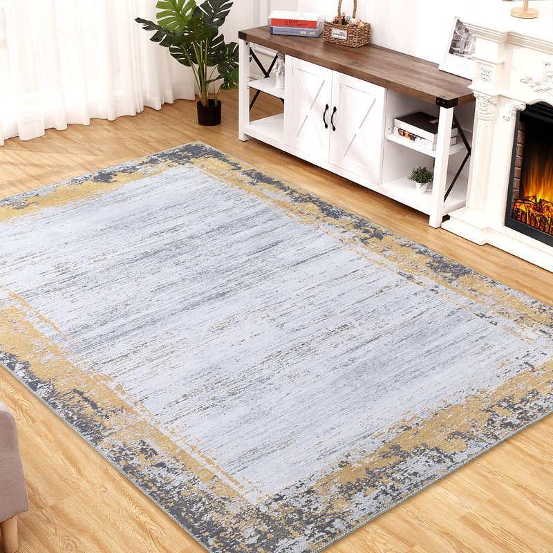 Tapis d'intérieur moderne à bordure délavée à bordure usée jaune lavable à la machine, Rectangle 9 pi x 12 pi
