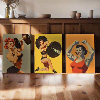 Ensemble de 3 affiches murales encadrées, style pin-up vintage, représentant des femmes musclées et sportives avec haltères. Décoration murale moderne pour la maison, le salon, le bureau ou une salle de sport.