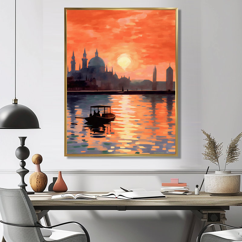 Bateau sur le Grand Canal, orange vif, coucher de soleil - impression d'art mural Venise, Toile avec cadre flottant or