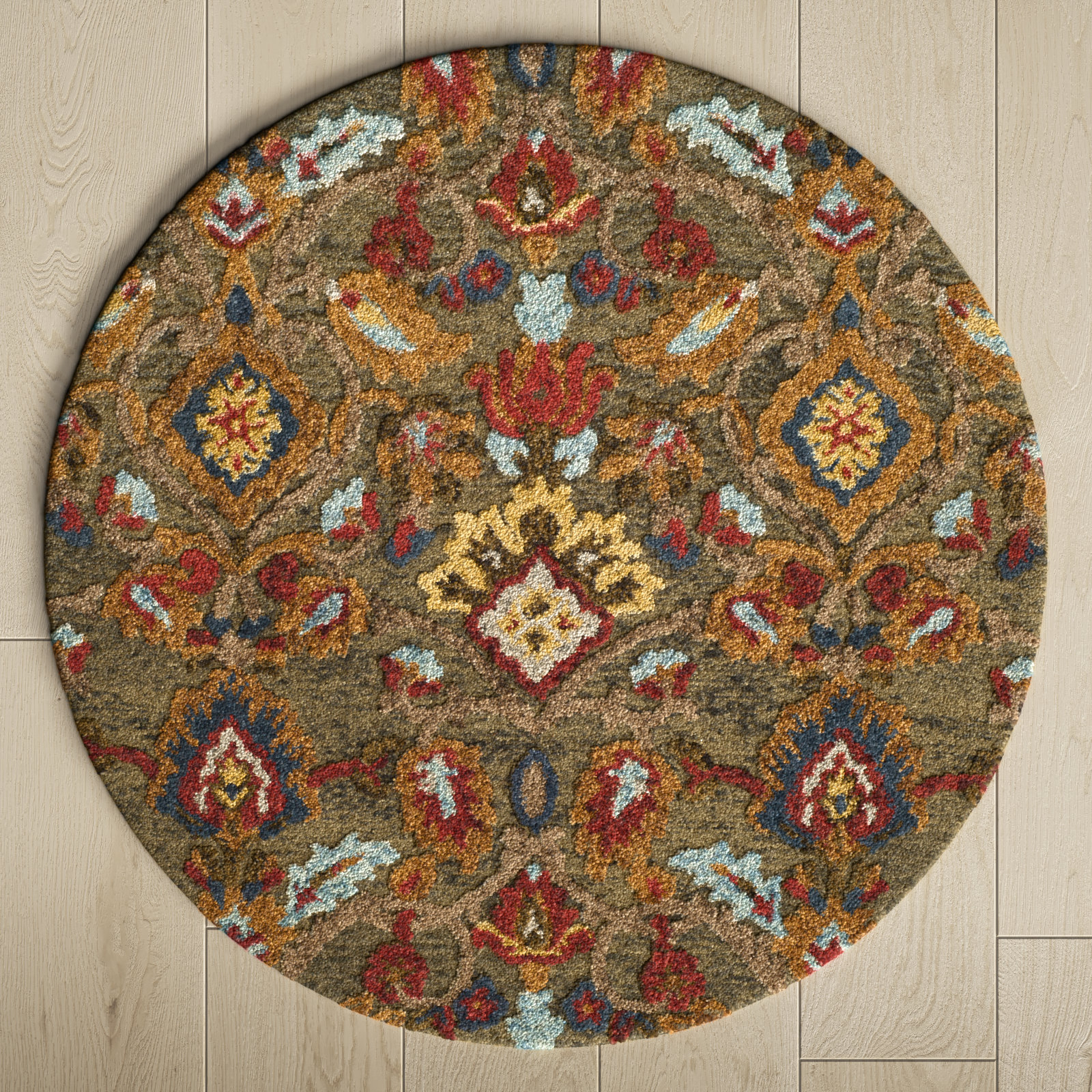 Tansy Handmade Wool Green / Multi Rug, Round 3'