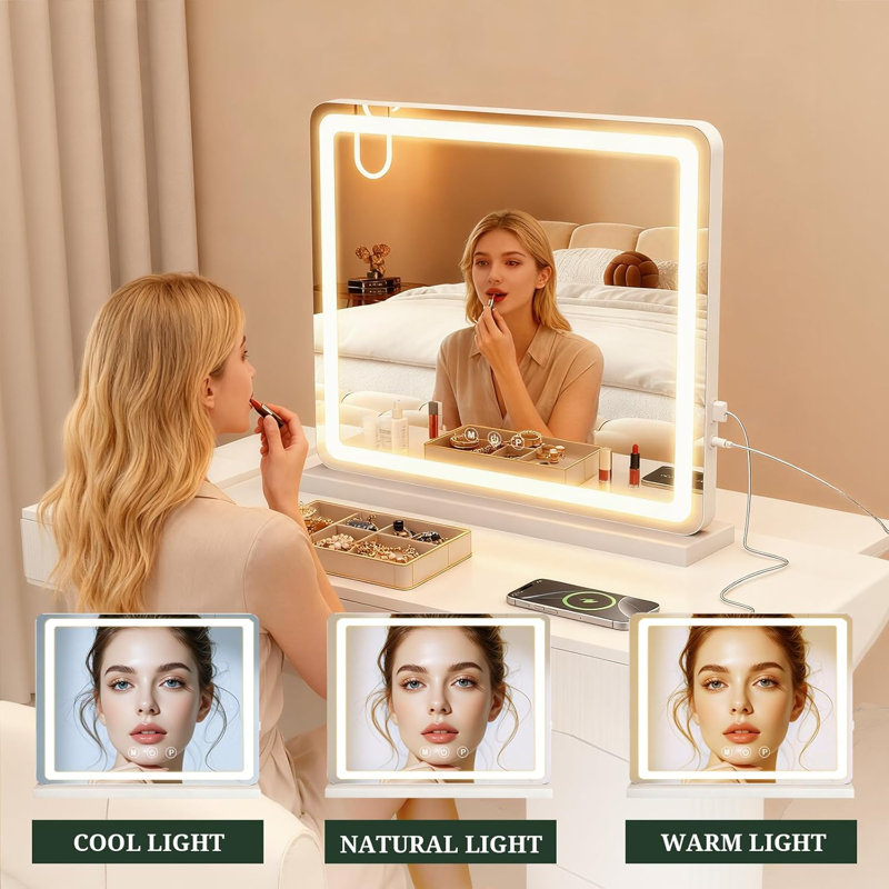 Miroir de maquillage lumineux, miroir de maquillage DEL, miroir de maquillage éclairé avec éclairage à intensité variable, commande tactile intelligente, port de chargement USB