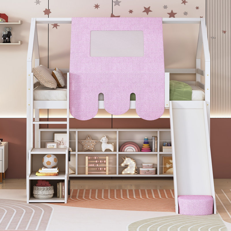 Cadre de lit mezzanine en bois avec tente, Blanc