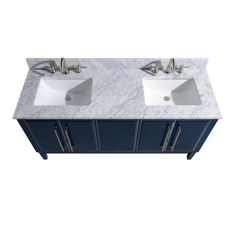Mason 60" Double Bathroom Vanity with Carrara Marble Top, Carrara White, Brushed Silver, Navy Blue