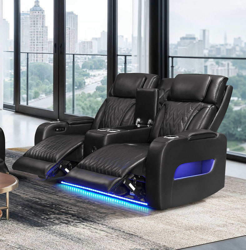 Causeuse inclinable électrique Aire en cuir blanc transformateur de 74 po de Jazmina avec appui-tête électrique, haut-parleurs Bluetooth, lumières DEL, ports USB et USB-C, rangement et porte-gobelets