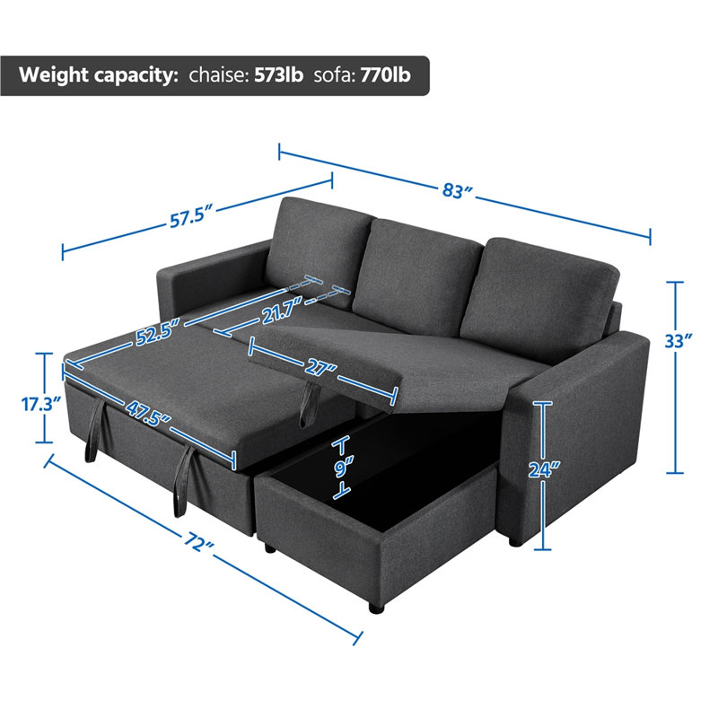Reversible Sectional Sofa with Pull Out Bed and Storage For Limited Spaces, Dark Grey Polyester