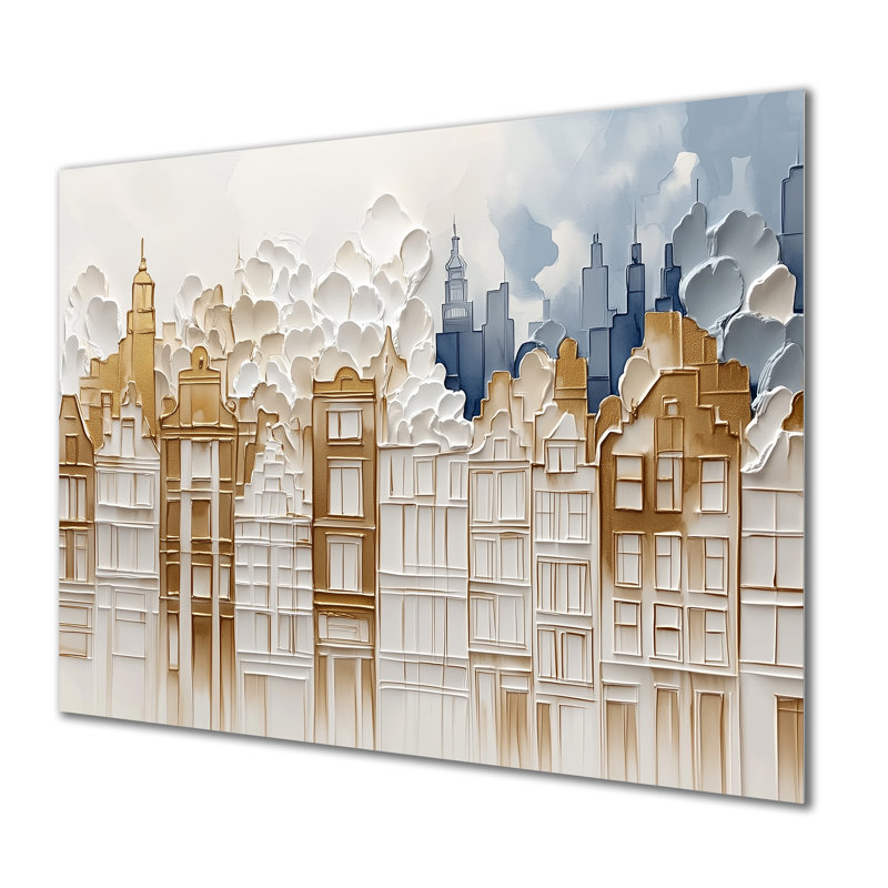 Skyline pliée - Impression sur métal beige représentant un paysage urbain, H 30 po x l 40 po