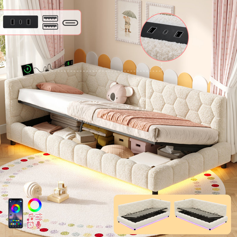 Single Boucle Side Opening Ottoman Storage Bed Frame with Smart RGB LED Lights & USB Charging Statio, Beige