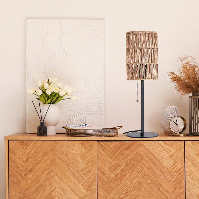 Modern Black Table Lamp With Rattan Shade