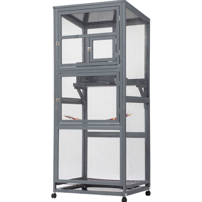 Cage à oiseaux en bois avec roues universelles - Gris, oiseaux et bien-être