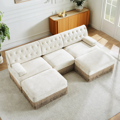 U Shaped Breathable Comfort Velvet Fabric,Chesterfield Style Sofa,Floor-Grazing Tassel Fringe Skirt,Modular Combination Design,Ergonomic Design,Button Tufted Design,For Living Rooms Bedroom