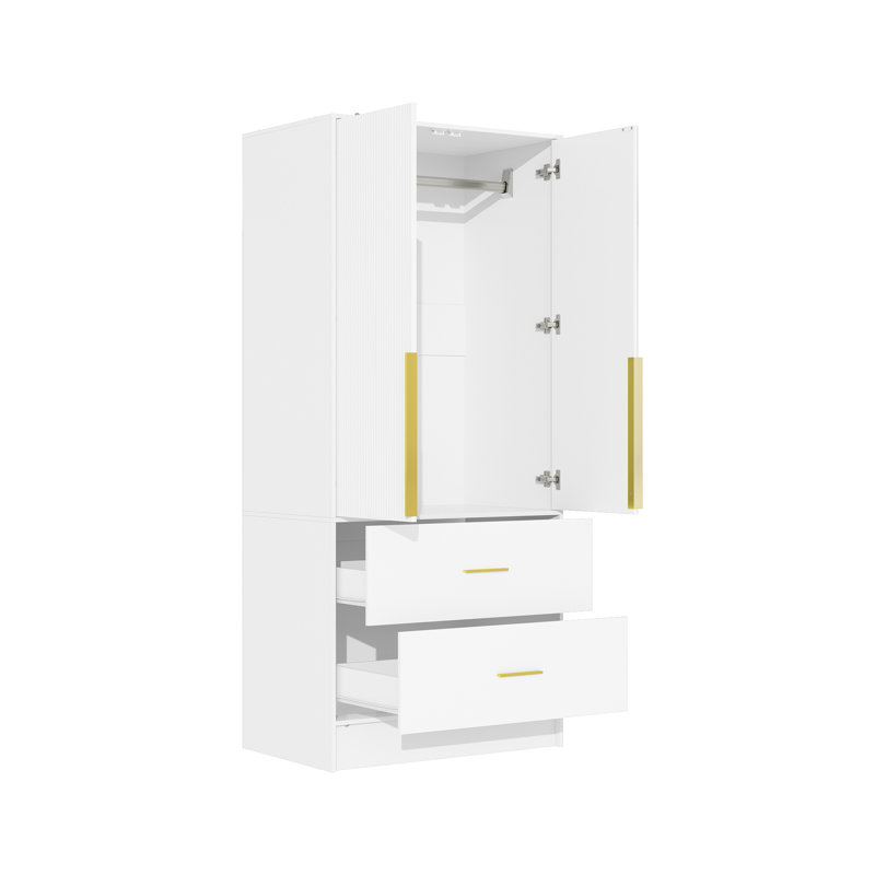 75cm Wide High Gloss Wardrobe With Led Mirror & 2 Drawers - White & Gold Modern Bedroom Storage