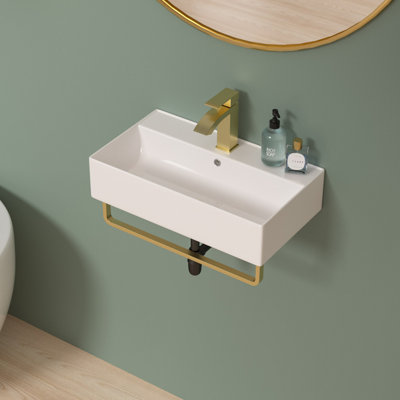 Lavabo de salle de bain mural 21 "x 12" avec porte-serviettes, lavabo rectangulaire suspendu en céramique avec trop-plein et robinet