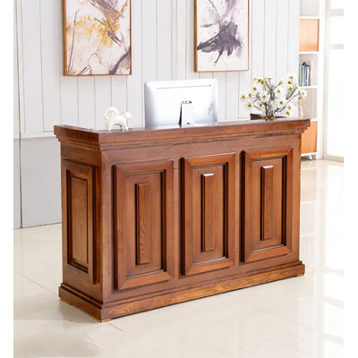 Comptoir de caisse en bois massif transitionnel rétro, table de réception robuste avec armoire fermée