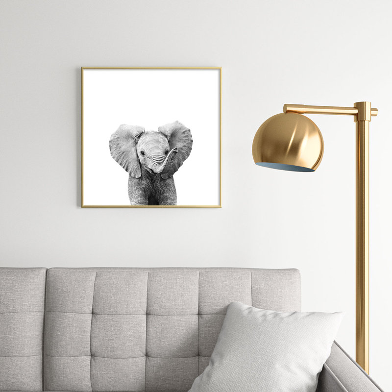Bébé éléphant noir et blanc - photographie avec cadre photo sur verre, H 20 po x l 20 po x P 1 po, Or