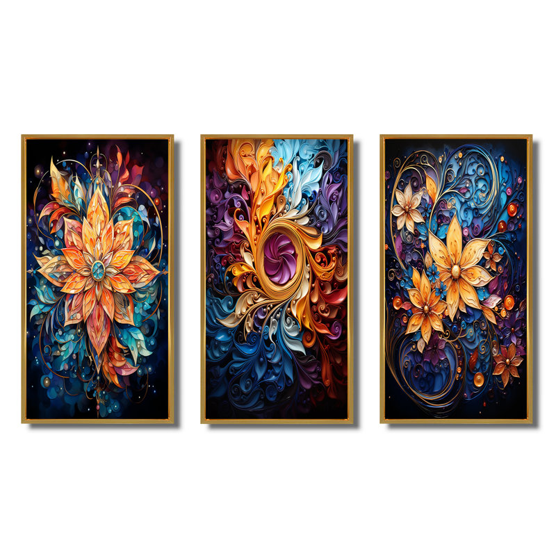 «Spiral Kaleidoscope», 3 pièces sur toile, Encadrement doré, H 32 po x l 48 po