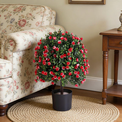 21.65" Artificial Rose Topiary Ball Tree with Flowers for Indoor and Outdoor